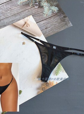 三90-170斤 英国MISS外贸黑色透视网纱低腰女可调节细带丁字裤T裤