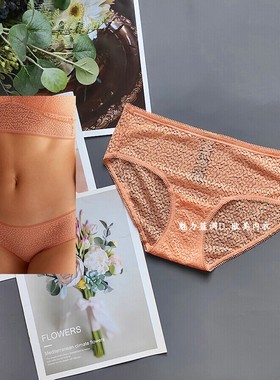 三95-140斤美式DK*Y香橙色性感镂空透视蕾丝中腰女宽边包臀三角裤