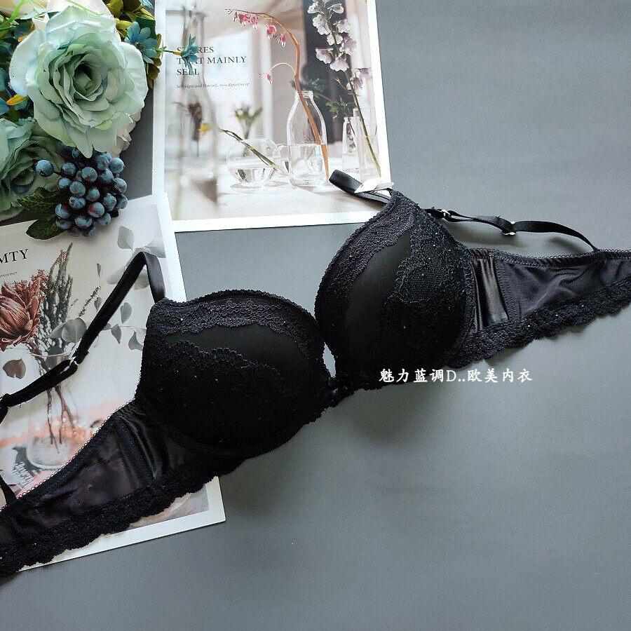 包邮70E75CE80D 英国NLK黑色蕾丝水钻上薄下厚3/4立体杯聚拢文胸