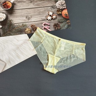 三110 165斤荷兰LIV浅黄色透明蕾丝网纱性感中腰女无痕包臀三角裤