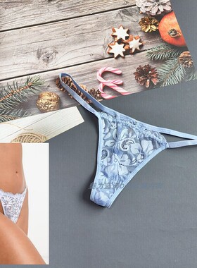 三105-170斤法国OHLA浅蓝色蕾丝性感透视网纱低腰女细带丁字裤T裤