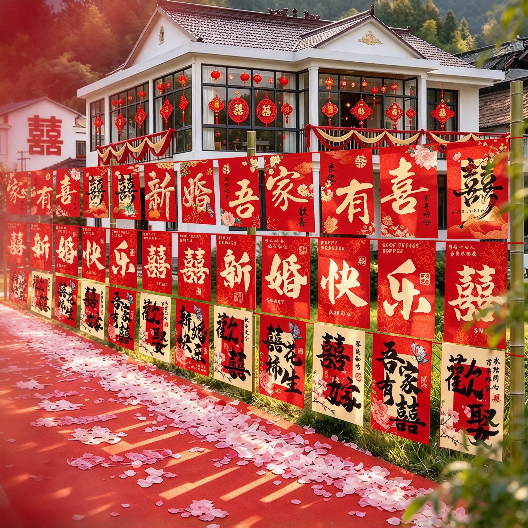 结婚路引农村路边装饰彩旗风车喜字布置场景婚礼院子迎宾婚房用品