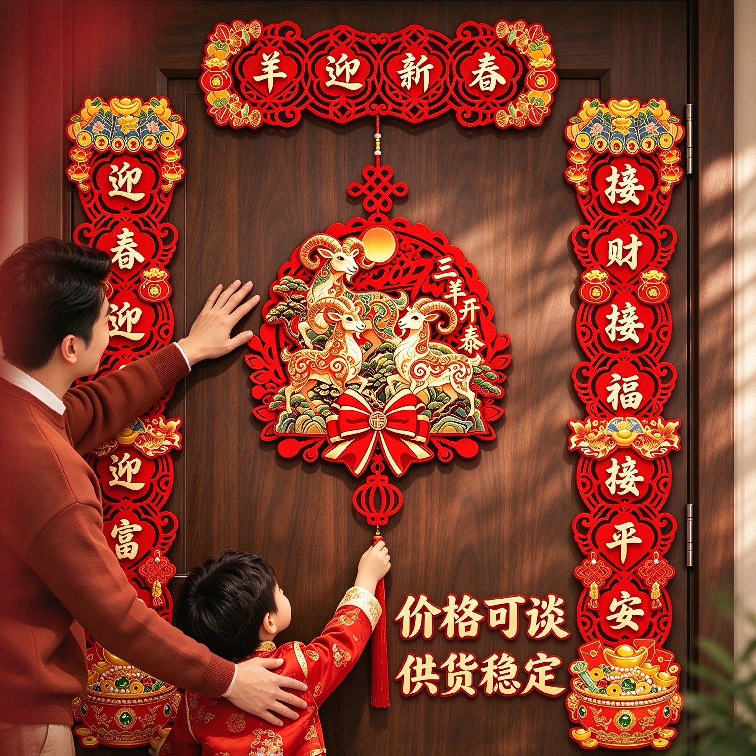 2027羊年对联春联植绒对联新款春节家用过年布置新年装饰门贴福字