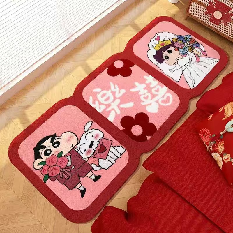 红色结婚床边毯线条小狗卧室床边
