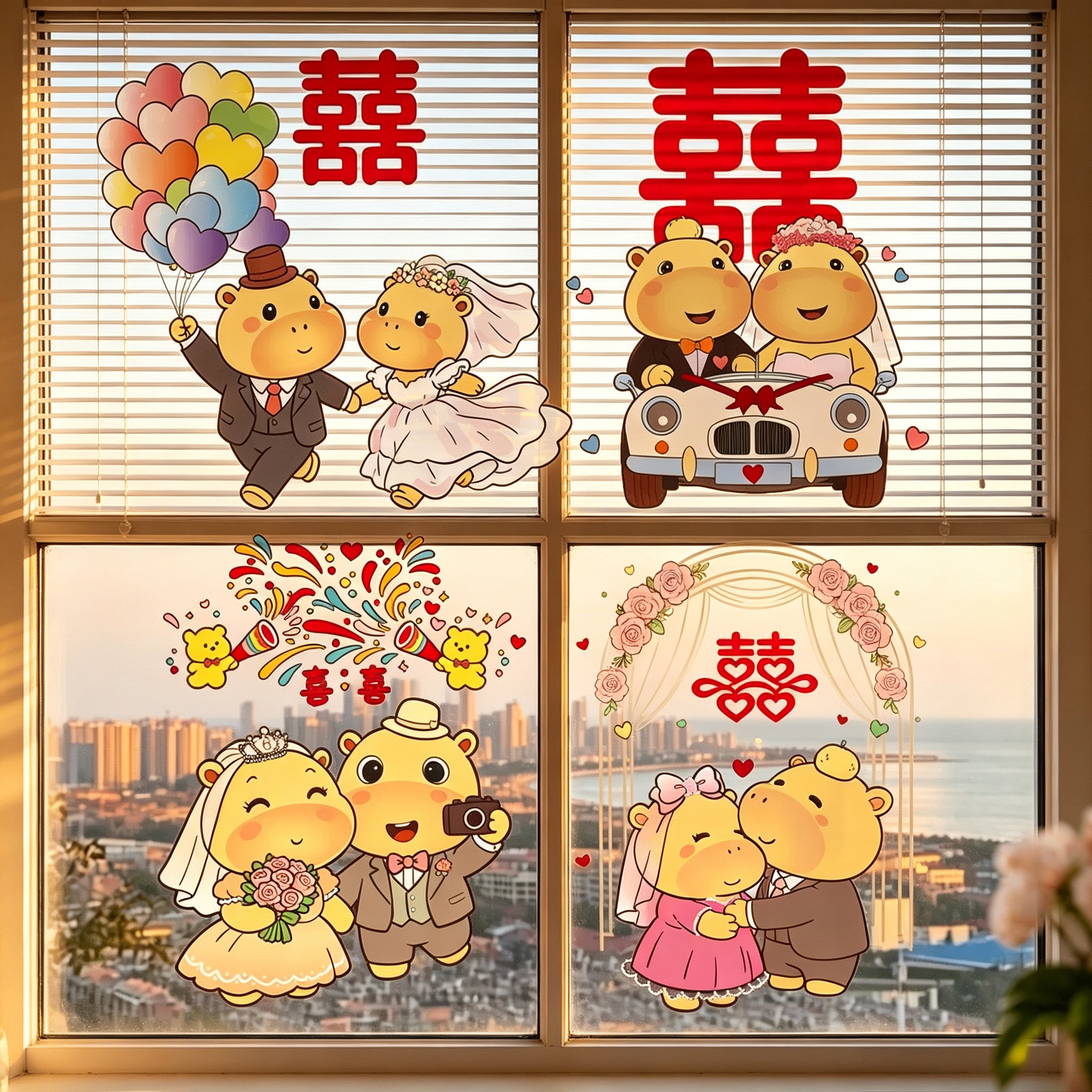 结婚喜字静电贴免胶不留痕可爱卡通婚房玻璃窗花贴纸婚庆用品大全
