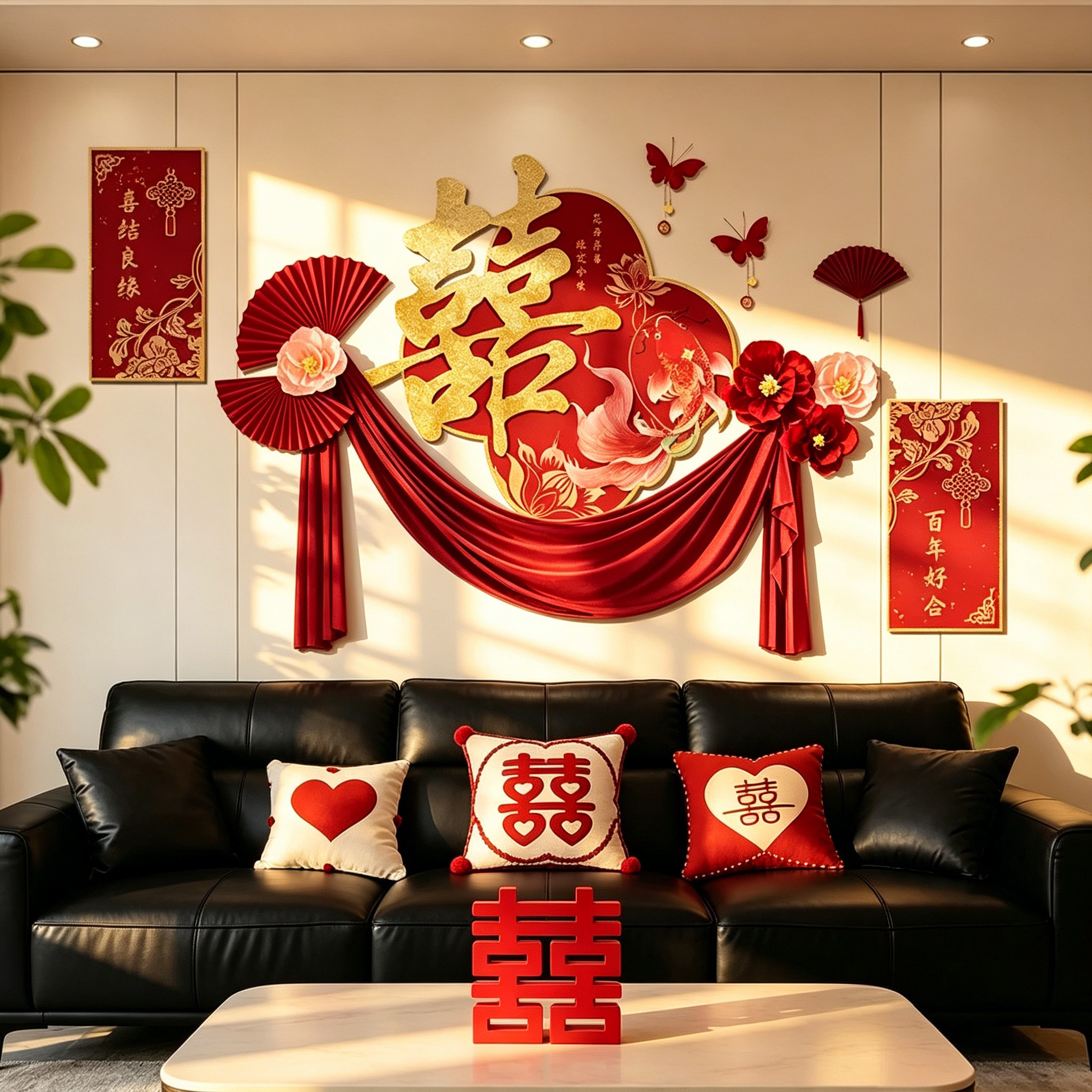 结婚床头装饰拉花卧室客厅婚房布置新中式无纺布喜字背景墙套装