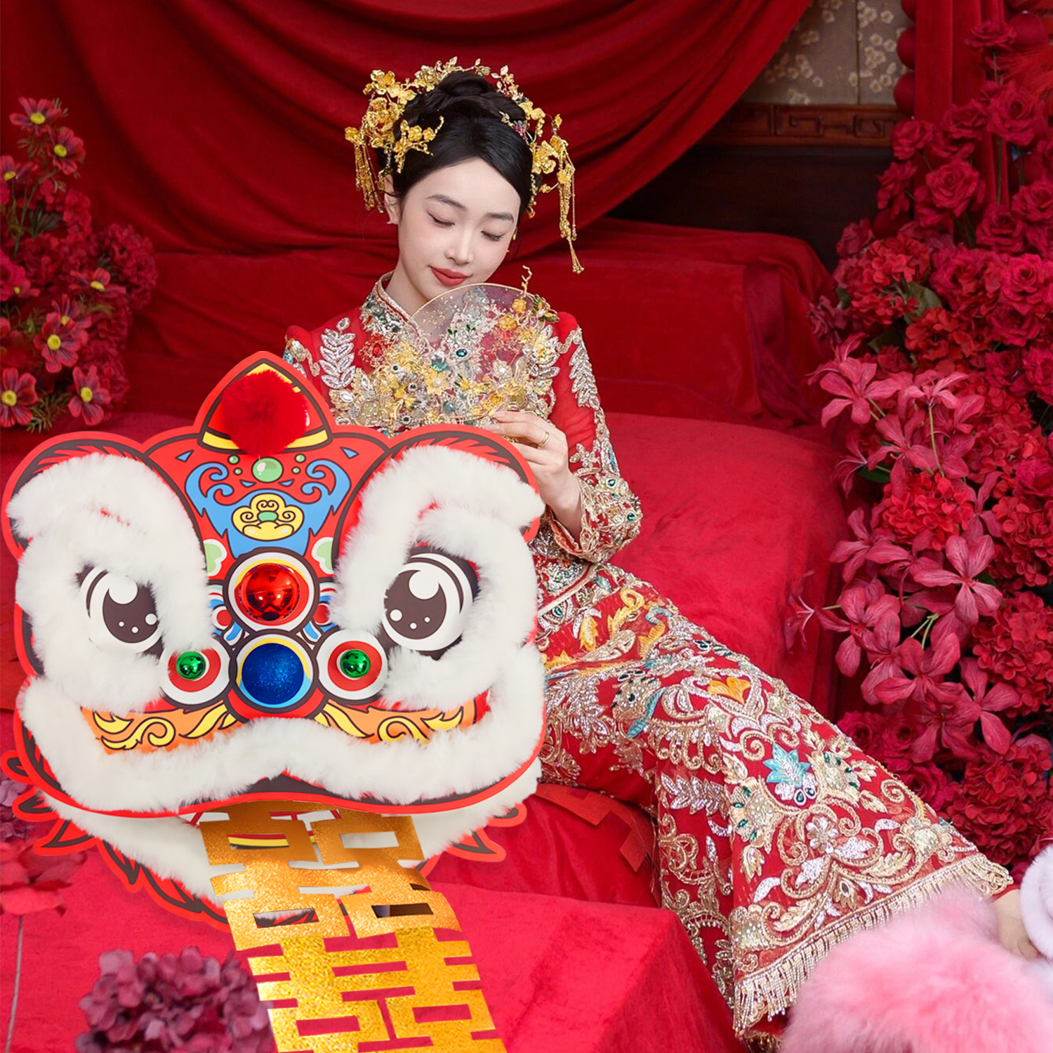 结婚喜庆狮子头拍照道具醒狮摆件
