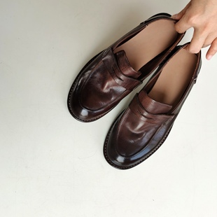 圆头单鞋 女英伦复古风做旧擦色小皮鞋 水洗马皮一脚蹬乐福鞋 第7街