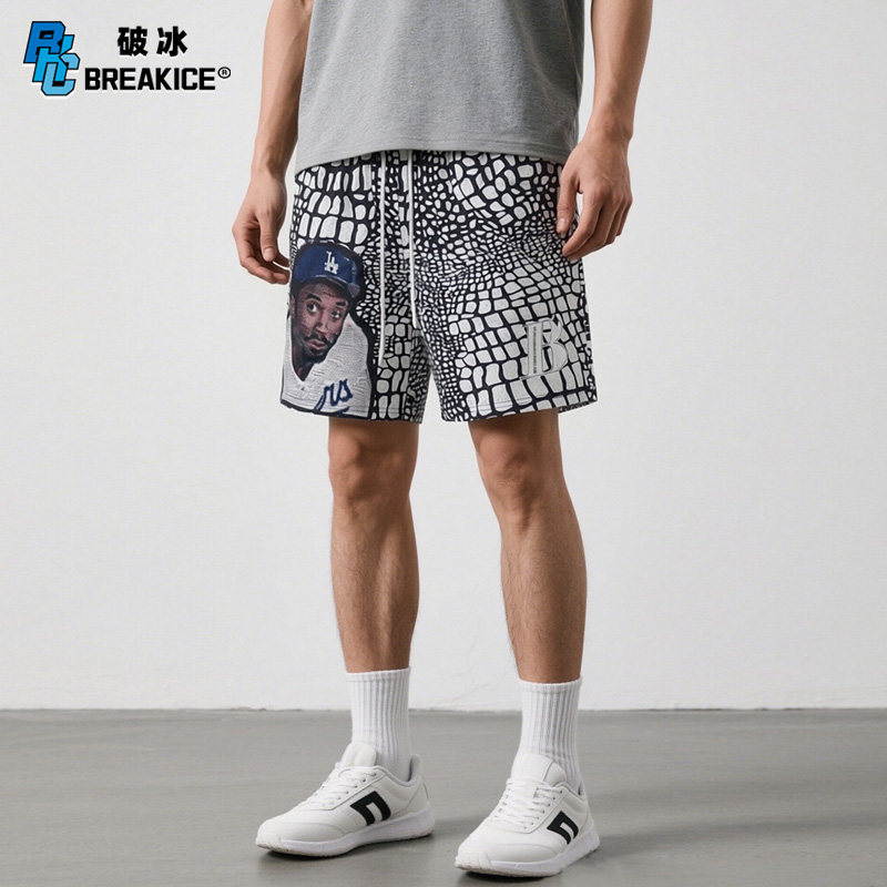 BKCXZICE美式复古科比人像运动短裤曼巴蛇纹篮球裤跑步训练健身裤