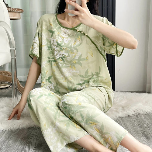 来趣鳳棉绸世家睡衣女夏季短袖套装新中式薄款宽松家居服女套装棉