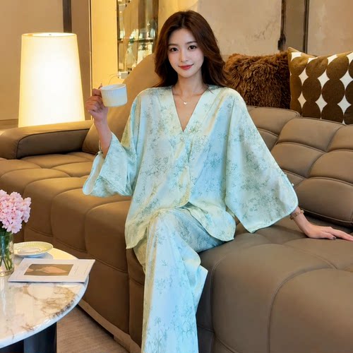 夏季七分袖新中式国风高级感睡衣女士冰丝睡衣套装收腰显瘦可外穿