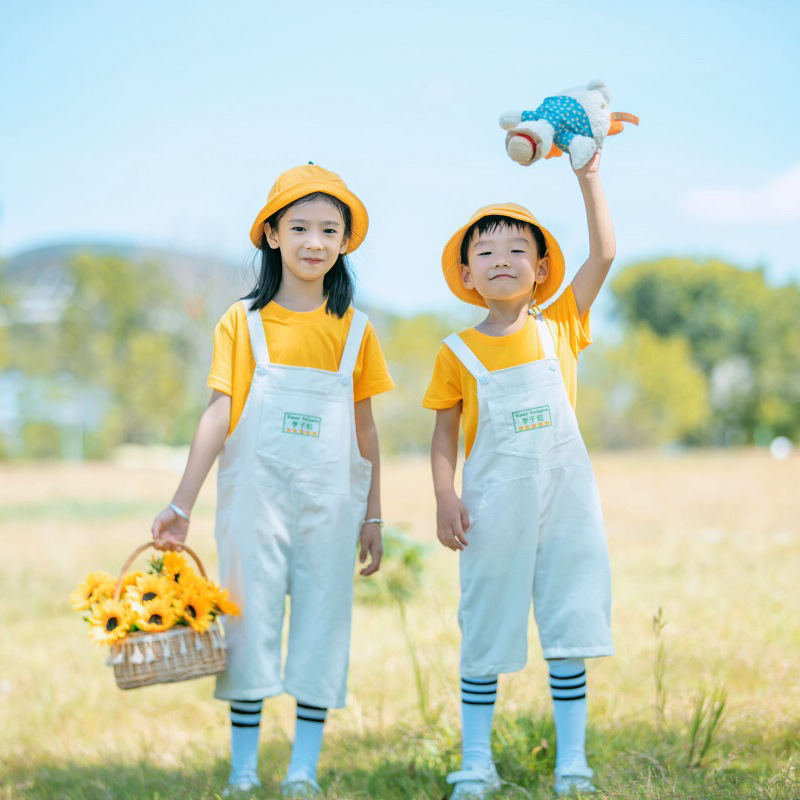 儿童白色背带裤五分裤女童夏天毕业季拍摄服装黄色短袖帽子牛仔