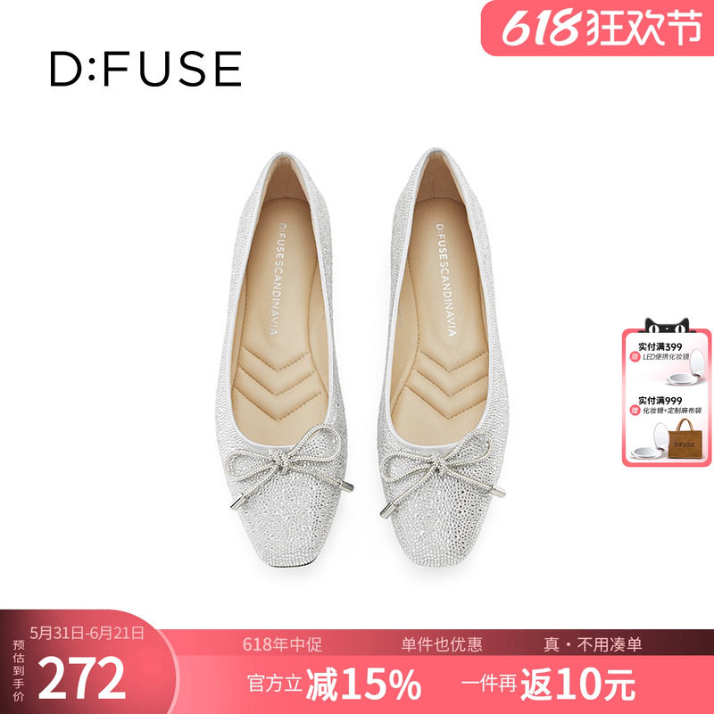 Dfuse迪芙斯2026春季新款银色真丝布闪钻平底芭蕾单鞋