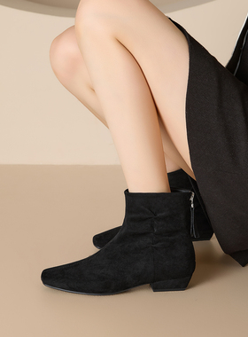 Dfuse黑色方头粗跟短靴女秋冬磨砂皮瘦瘦靴气质百搭时尚新款女靴