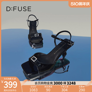 DF32115309法式 DFuse夏季 新款 牛漆皮方头钻扣一字带高跟凉鞋 细跟