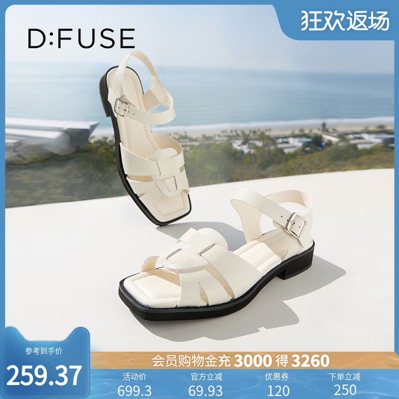 新款牛皮方头编织低跟罗马凉鞋女