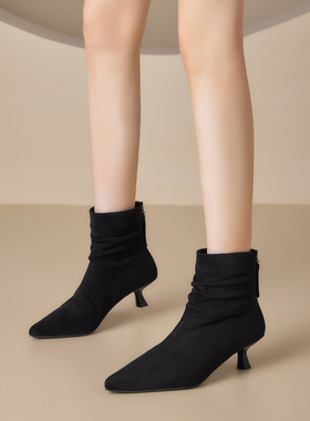 DFuse黑色尖头细跟短靴女秋冬猫跟堆堆靴小高跟时装靴时尚瘦瘦靴