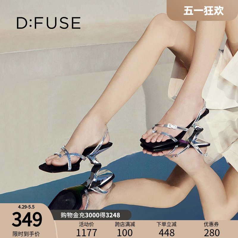 DFuse迪芙斯夏季新款方头夹趾沙滩鞋异形坡跟凉鞋DF32115352 女鞋 时装凉鞋 原图主图