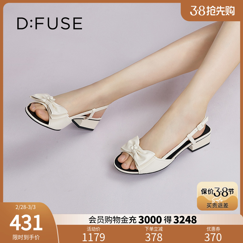 DFuse夏季新款羊皮法式凉鞋鱼嘴蝴蝶结粗跟时装单鞋女DF32115340