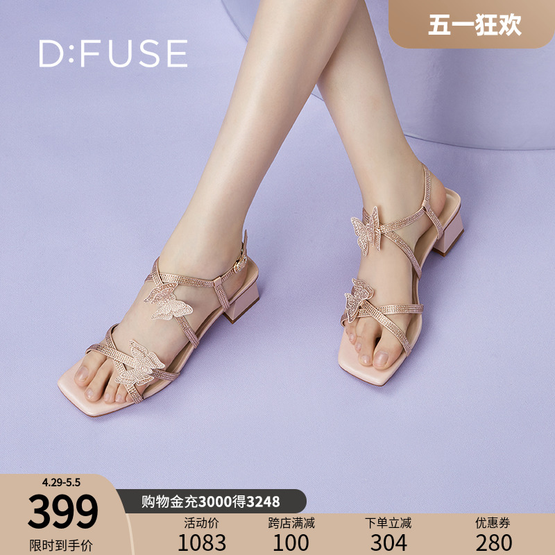 DFuse迪芙斯夏季新款方头烫钻蝴蝶结仙女鞋凉鞋DF32115320 女鞋 时装凉鞋 原图主图