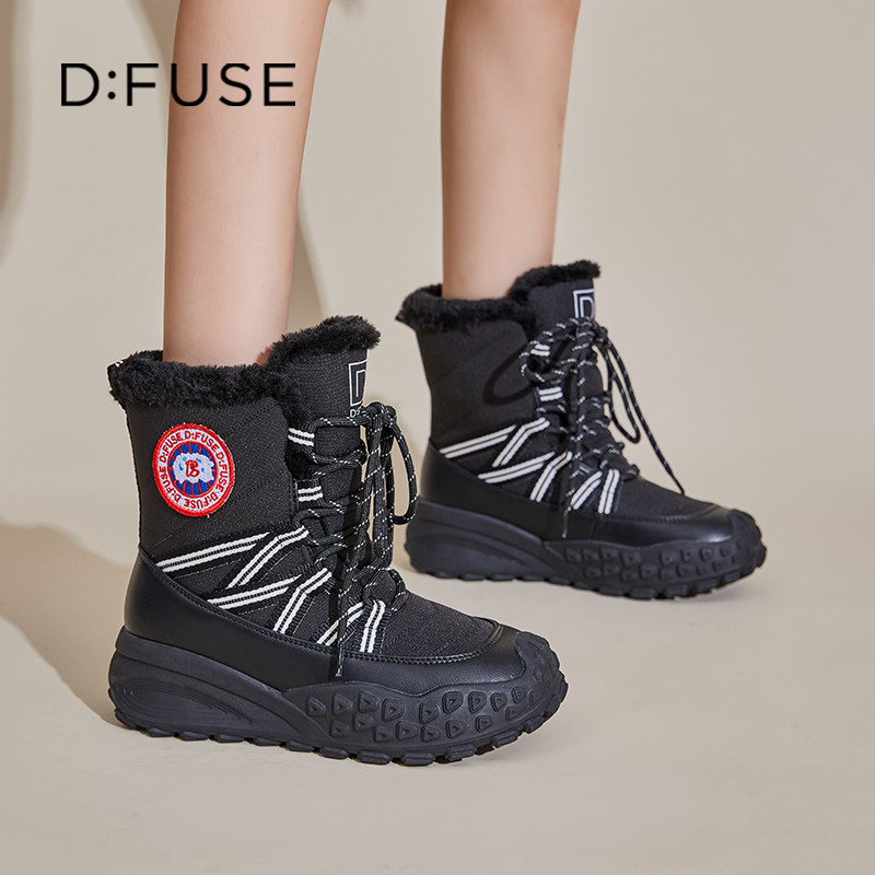 D：Fuse/迪芙斯厚底复古加绒加厚户外雪地靴女增高保暖棉靴