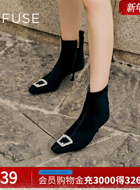 Dfuse迪芙斯秋季款羊反绒法式方头钻扣细跟短靴DF34116228