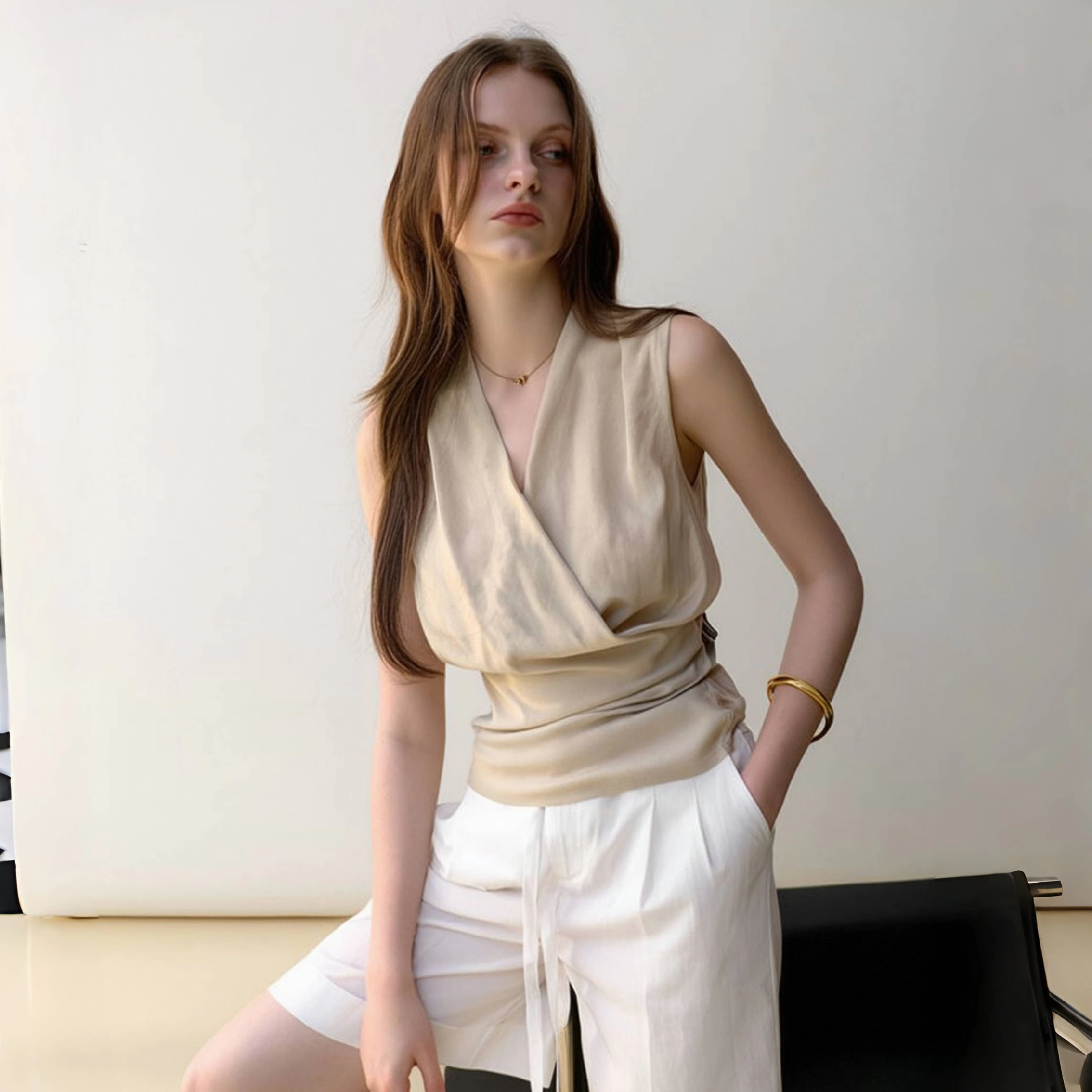 天丝v领无袖衬衫女夏小资上衣ins