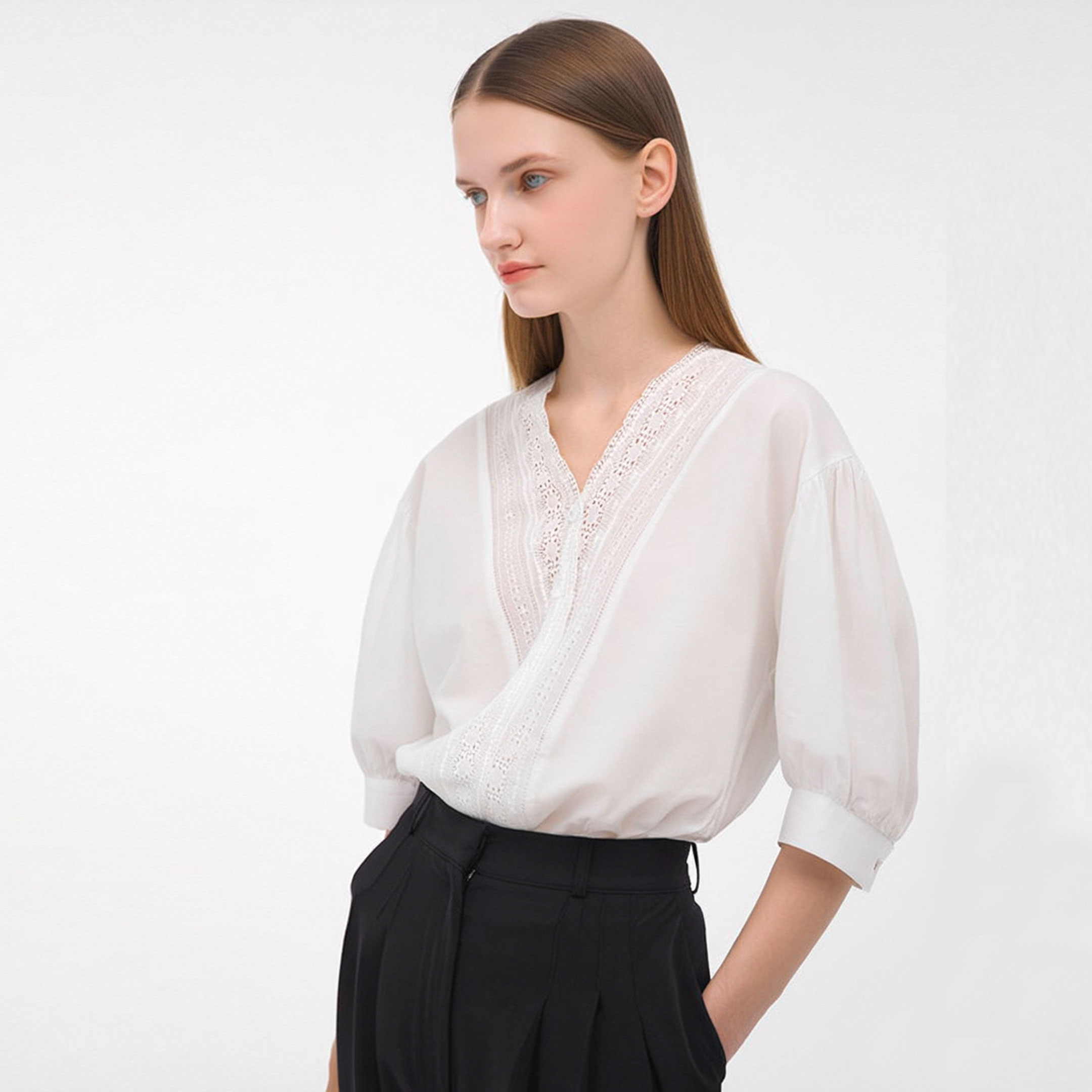 法式蕾丝花边无领衬衫灯笼袖衬衣