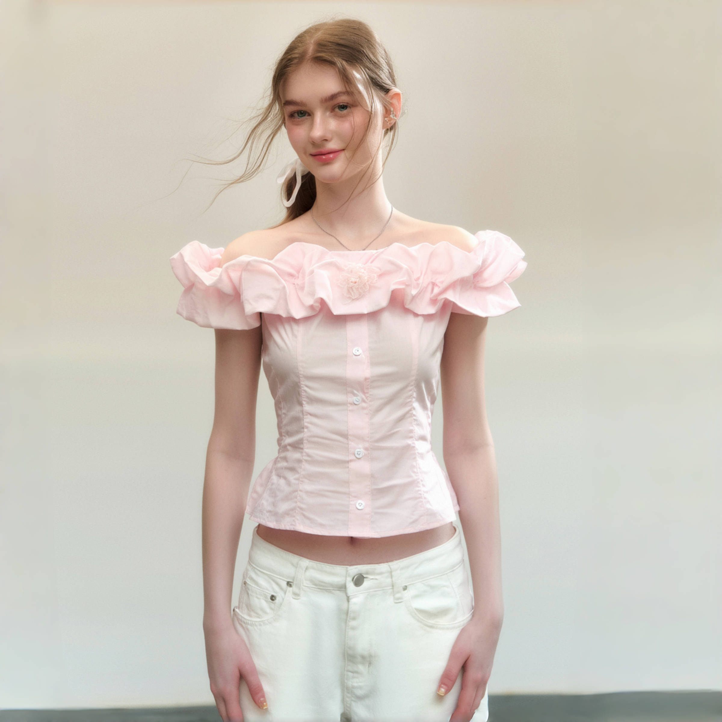 一字肩短袖衬衫女夏天绝美小上衣