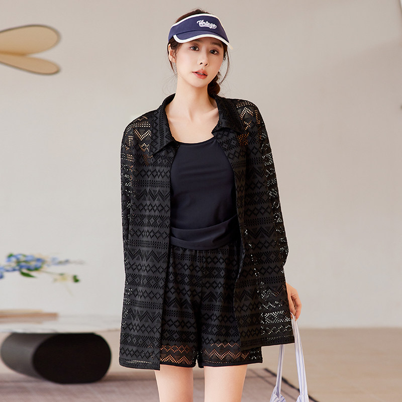 大码泳衣女保守分体三件套黑色显瘦休闲微胖mm遮肉高级感泡温泉