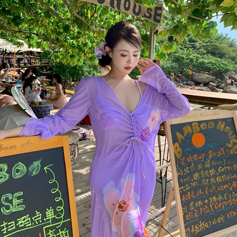 大码泳衣女微胖mm性感分体比基尼三件套绝美长裙海边拍照度假温泉