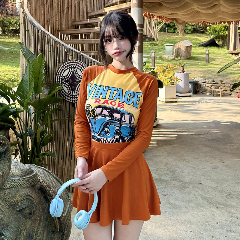 韩国机车少女泳衣分体两件套大码微胖mm遮肉显瘦长袖运动温泉泳装