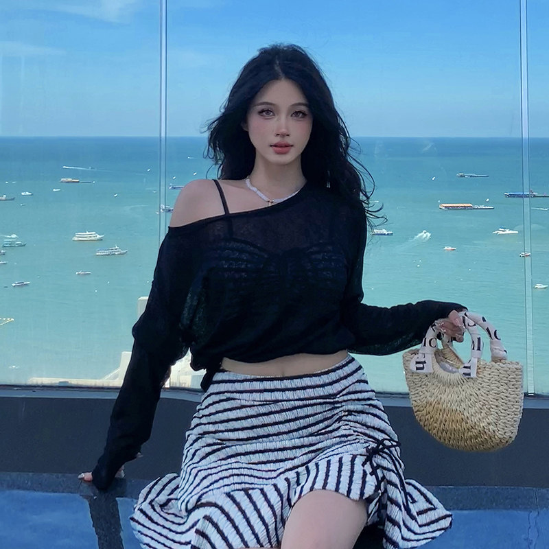 大码泳衣女分体比基尼三件套胖mm高级感条纹性感纯欲风海边度假装