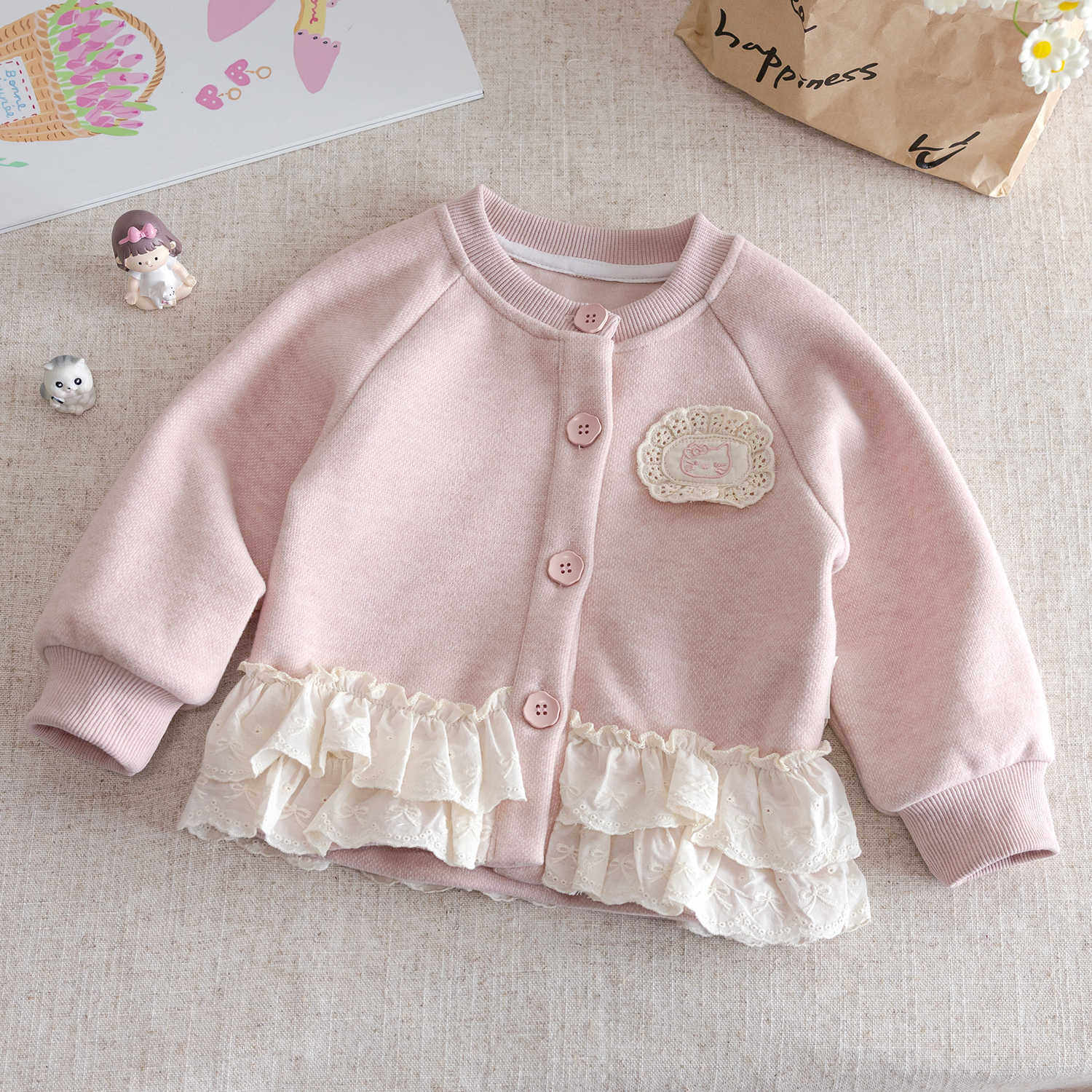 女童针织衫外套卡通贴布儿童衣服公主上衣春秋季甜美花边裙摆开衫