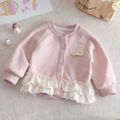 甜美花边裙摆开衫 女童针织衫 外套卡通贴布儿童衣服公主上衣春秋季