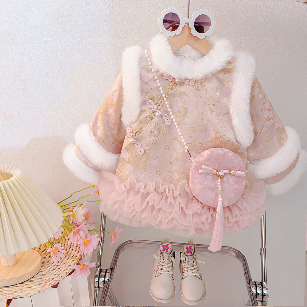 女童新中式国风连衣裙冬装新年拜年服宝宝周岁礼服公主裙过年衣服