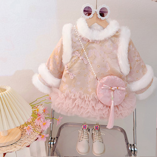 女童新中式国风连衣裙冬装新年拜年服宝宝周岁礼服公主裙过年衣服