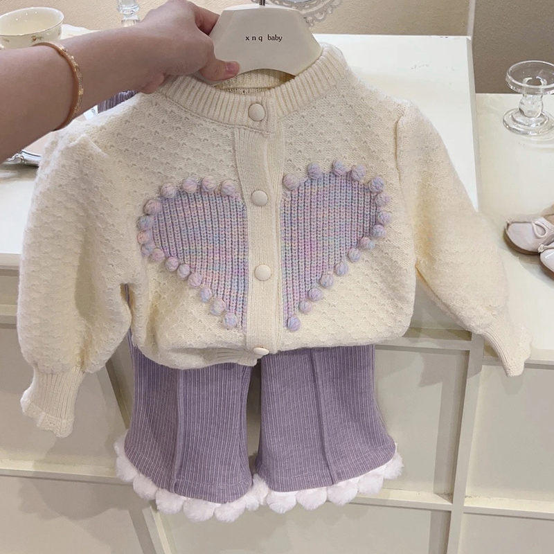 女童毛衣外套秋冬新款韩系加厚小香风长袖针织开衫加绒长裤两件套