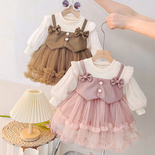 0-3岁女童春秋款儿童长袖皮马甲背心连衣裙假两件套公主裙子纱裙