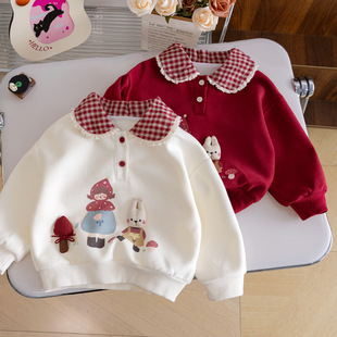 女童格子POLO领卫衣春秋款洋气宝宝红色卡通套头衫儿童打底衫上衣