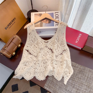 胖mm百搭套头V领外穿背心 女装 复古针织镂空刺绣纯色无袖 吊带大码