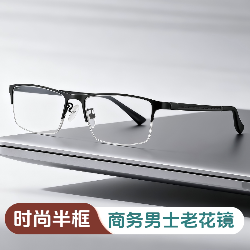 超轻金属半框时尚年轻男款商务老花镜古铜色镜框加硬树脂高清镜片
