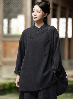 棉麻加绒加厚棉服新中式斜襟上衣