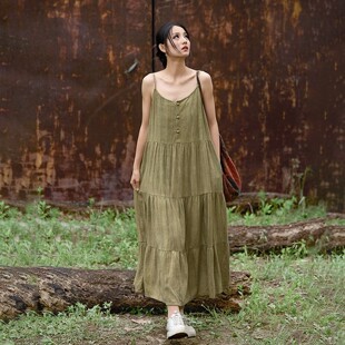 新中式女装夏季新款中国风亚麻连衣裙文艺扎染长裙飘逸显瘦吊带裙
