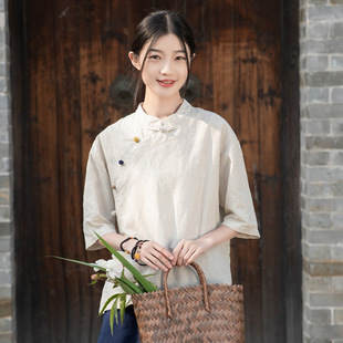 棉麻复古女装 2026新款立领偏襟短袖盘扣上衣夏季薄款T恤茶服衬衫