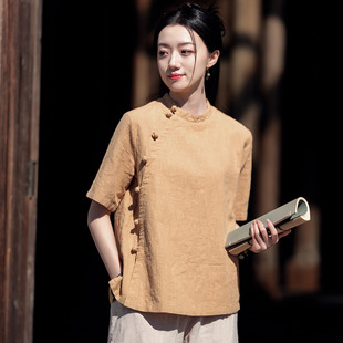 棉麻复古女装2026新款夏季斜襟盘扣上衣禅茶服新中式立领短袖衬衣