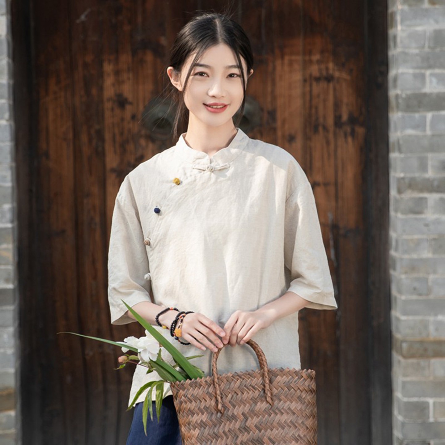 棉麻复古女装 2026新款立领偏襟短袖盘扣上衣夏季薄款T恤茶服衬衫