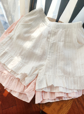 家居纯色休闲安全短裤日系全棉高腰夏减龄女生薄款提花荷叶边睡裤