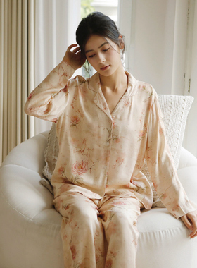 简约花卉人棉贡缎薄款四季睡衣女士宽松系扣长袖裤舒适家居服套装
