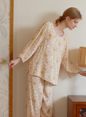 国风圆领斜襟空调房人棉睡衣女士四季可穿显瘦家居服休闲印花套装